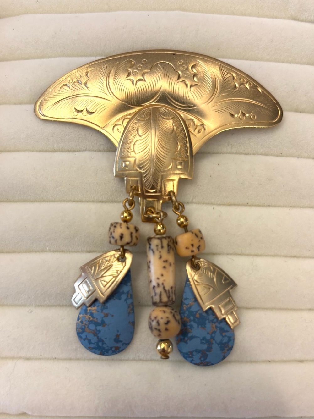 Art Nouveau Gold Tone Brooch Pin Blue Cream Gold Dangling Stones Unsigned
